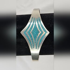 Vintage Sterling Silver Taxco Cuff Bracelet with turquoise inlay.